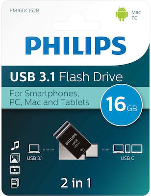 Philips 2-in-1 16GB USB 3.1 Stick cu conexiune USB-C Negru