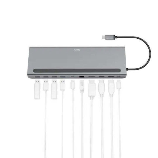 HAMA Connect2Office Pro USB-C Stație de andocare cu HDMI/DisplayPort 4K PD Ethernet și conexiune 2 monitoare Gri