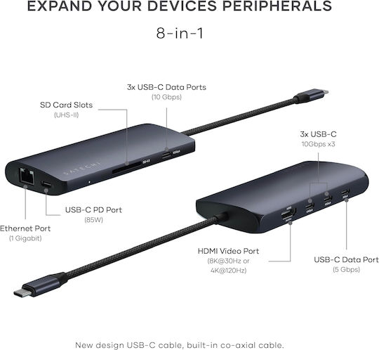 Satechi USB-C Докинг станция с HDMI 4K PD Ethernet Черен (ST-P8KED)