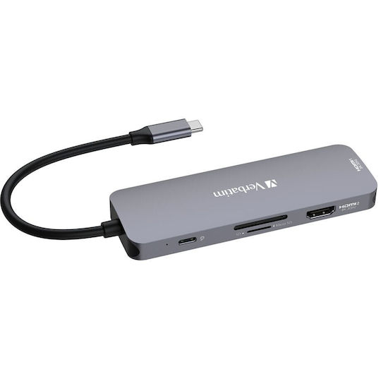 Verbatim USB-C Pro CMH-08 USB-C Docking Station with HDMI 4K PD and Support for 2 Monitors Gray