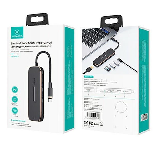 Usams SJ575 USB-C Stație de andocare cu HDMI 4K PD Negru