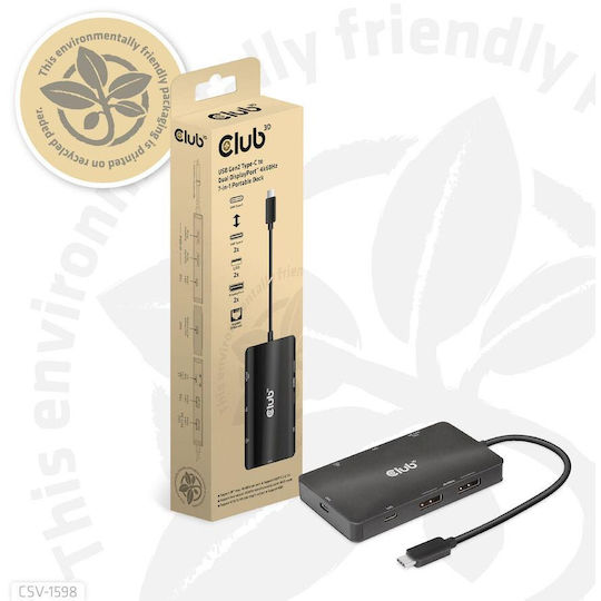 Club3D USB-C Docking Station με DisplayPort 4K PD Ethernet και συνδεση 2 Οθονών Μαύρο (CSV-1598)