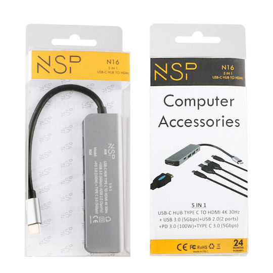 NSP N16 USB-C Docking Station with HDMI 4K PD Ethernet Gray