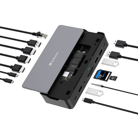 Verbatim CDS-15S USB-C Docking Station με HDMI 4K PD Ethernet και σύνδεση 3 Οθονών Γκρι