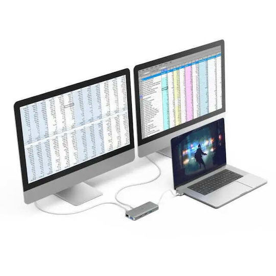 HAMA Connect2Mac USB-C dublu Stație de andocare cu HDMI 4K PD Ethernet și conexiune 2 monitoare Argintiu
