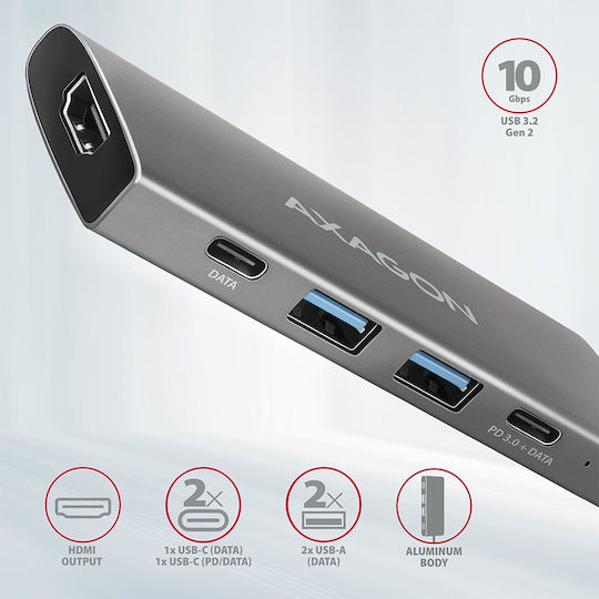 Axagon HMC-5G2 USB-C Docking Station mit HDMI 4K PD Silber
