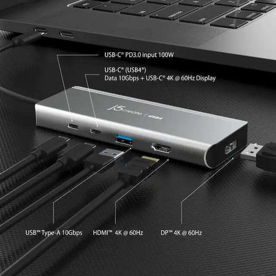 J5create USB-C Docking Station με HDMI/DisplayPort 4K PD και σύνδεση 2 Οθονών Ασημί (JCD401)