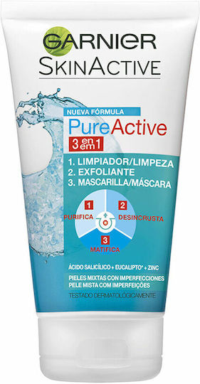Garnier Pure Active 3 in 1 Gel Καθαρισμού Προσώπου για Ακνεϊκές Επιδερμίδες 150ml