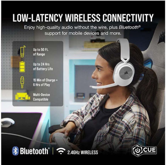 Corsair HS55 Drahtloses Über Ohr Gaming-Headset mit Bluetooth / USB Verbindung Weiß für PC / PS4