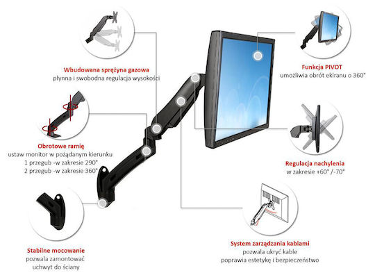 Art L-12GW Wall Mounted Stand Monitor up to 27" with Arm
