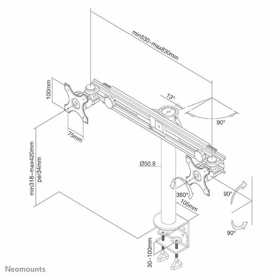 Newstar Stand Desk Mounted for 2 Monitors up to 30" with Arm (FPMA-D700D)