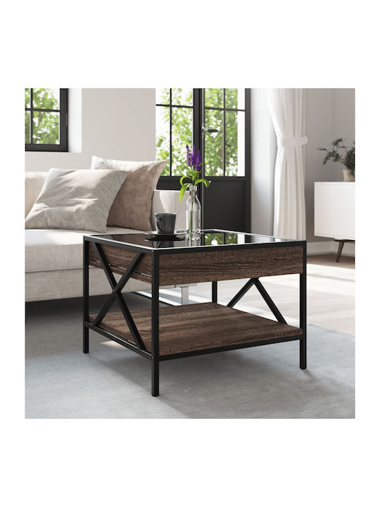 Square Side Table Glass Brown Oak M50xL50xH38cm