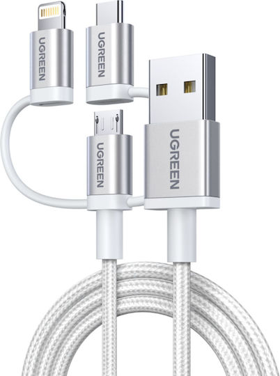 Ugreen Braided USB to Lightning / Type-C / micro USB Cable 2A Λευκό 1.5m 50203