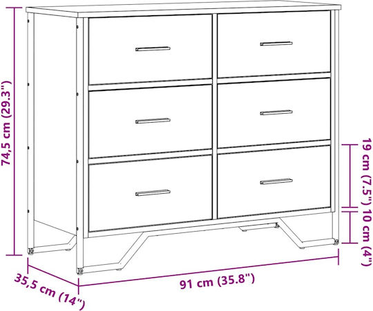 Wooden Chest of Drawers with 6 Drawers Smoked Oak 91x35.5x74.5cm