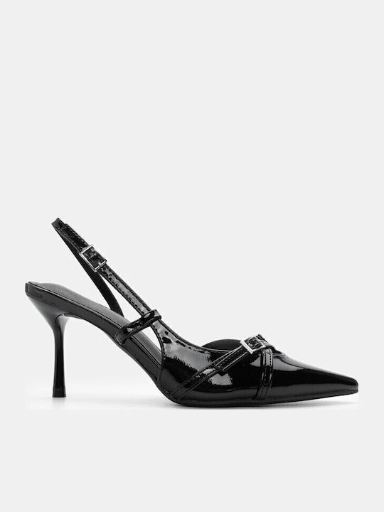 Synthetic Leather Pointed Toe Black High Heels with Strap