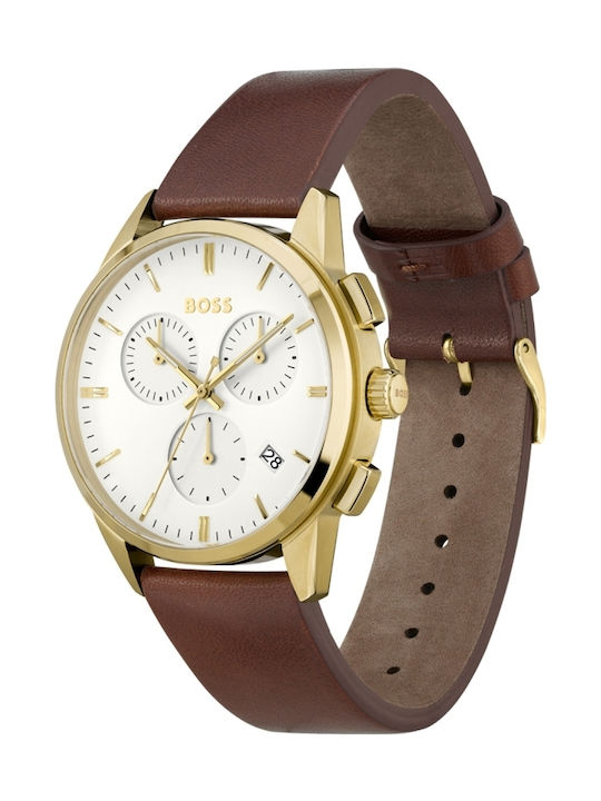 Boss Dapper Ceas Barbati 43mm Cronograf Baterie cu Curea din Piele Maro