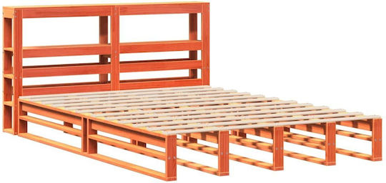 King Size Bed with Solid Wood Brown Wax with Slats for Mattress 190x190cm