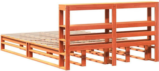 King Size Bed with Solid Wood Brown Wax with Slats for Mattress 190x190cm