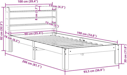 Pat Single Din Lemn Maro Cu Plăci Pentru Saltea 82x190cm