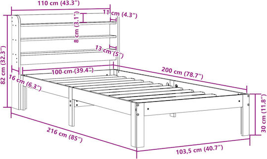 Holz-Einzelbett Braune mit Lattenrost für Matratze 82x200cm