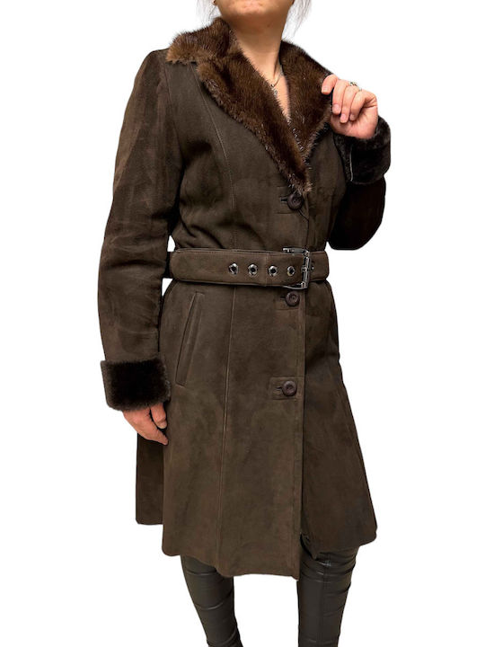 MARKOS LEATHER Women's Mouton Coat with Buttons and Fur Brown