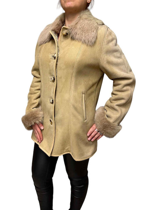 Mouton Damen beige Mantel mit Fellbesatz