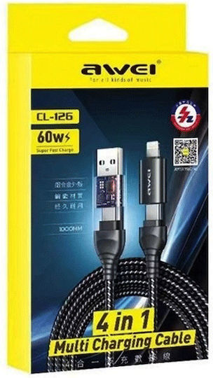 Awei CL-126 Braided USB to Lightning / Type-C Cable Μαύρο 1.2m