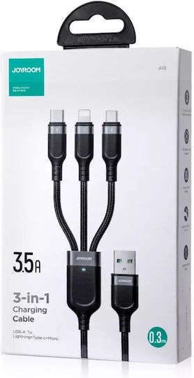 Joyroom S-1t3018a18 Braided / LED USB to Lightning / Type-C / micro USB 0.3m 2.4A Cable