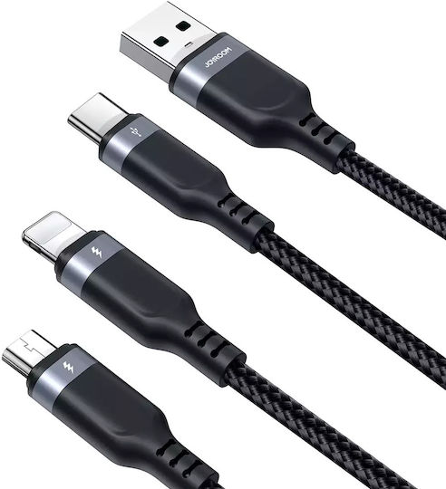 Joyroom S-1t3018a18 Braided / LED USB to Lightning / Type-C / micro USB 0.3m 2.4A Cable
