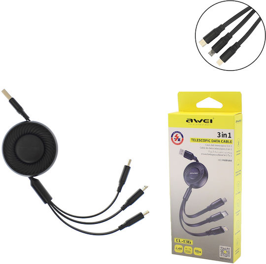 Awei CL-136 Flat / Retractable USB to Lightning / Type-C / micro USB Cable Μαύρο 1m