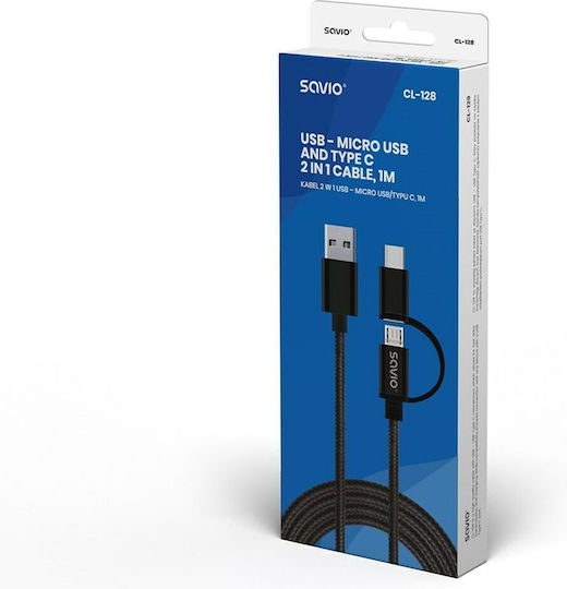 Savio Braided USB to Type-C / micro USB Cable 2.1A Μαύρο 1m (CL-128)