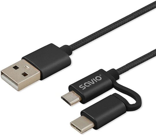 Savio Braided USB to Type-C / micro USB Cable 2.1A Μαύρο 1m (CL-128)