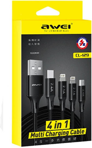Awei CL-129 Braided USB to Lightning / Type-C / micro USB Cable Μαύρο 1.5m