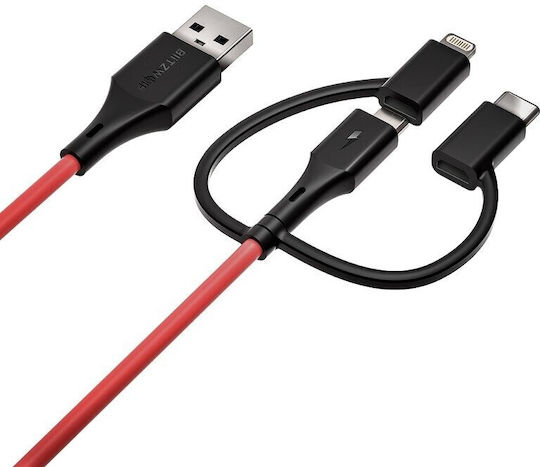 BlitzWolf BW-MT4 Редовна USB към Lightning / Type-C / micro USB Кабел 3Спецификация Червен 0.91м