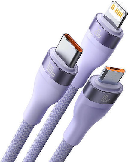 Baseus Flash Series II Braided USB to micro USB / Lightning / Type-C Cable Μωβ 1.5m (CASS030205)