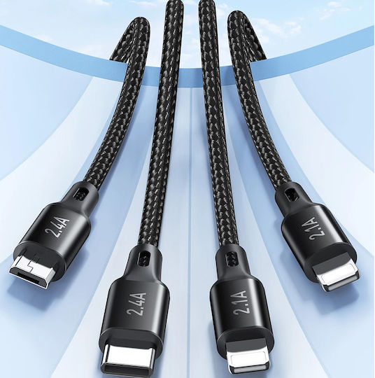 Awei CL-129 Braided USB to Lightning / Type-C / micro USB Cable Μαύρο 1.5m