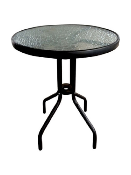 Outdoor Dinner Free Standing Table with Glass Surface and Metal Frame Black 60x60x72cm