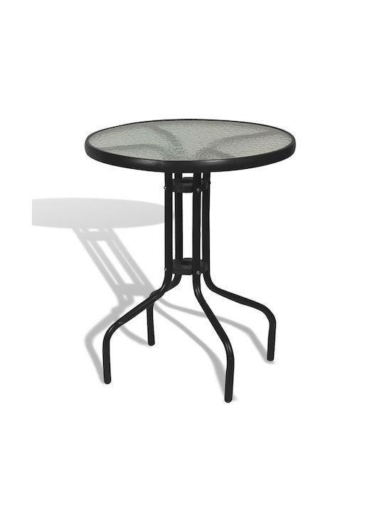 Outdoor Dinner Free Standing Table with Glass Surface and Metal Frame Black 60x60x72cm