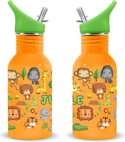 Water Revolution Jungle Μεταλλικό Παγούρι 'ζούγκλα' Καλαμάκι 500ml Πορτοκαλί