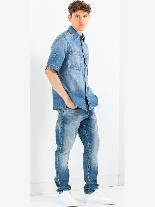 Pocket Langärmlig Jeans Hemd Blau