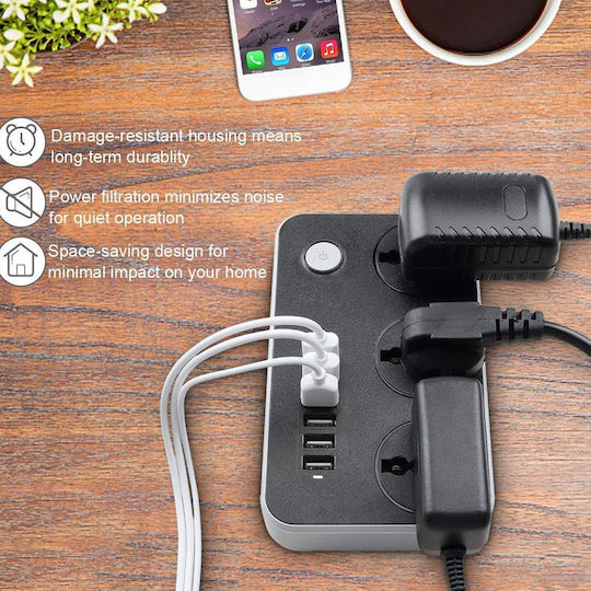 Захранваща лента Безопасност 3 Позиции с 6 USB-A, Превключвател и Кабел 2м Черен