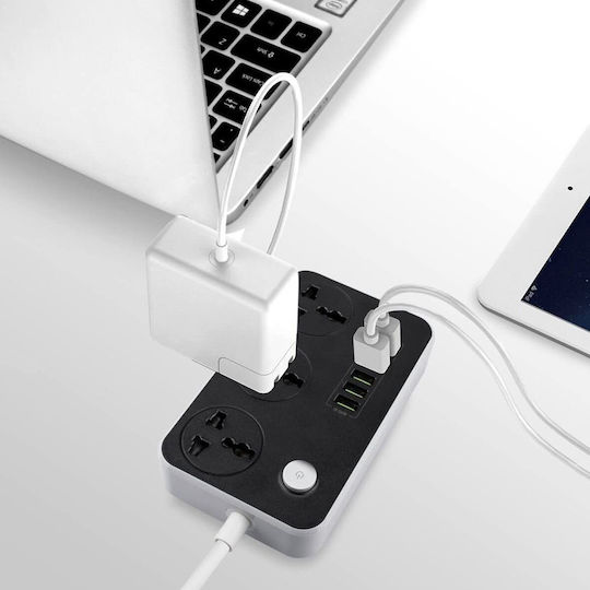 Захранваща лента Безопасност 3 Позиции с 6 USB-A, Превключвател и Кабел 2м Черен