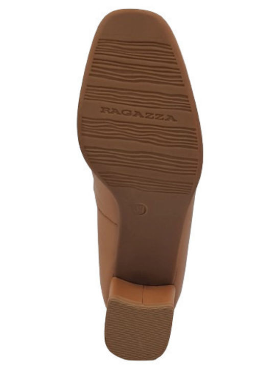 Leder Pumps mit Chunky flachem Absatz Light Taba