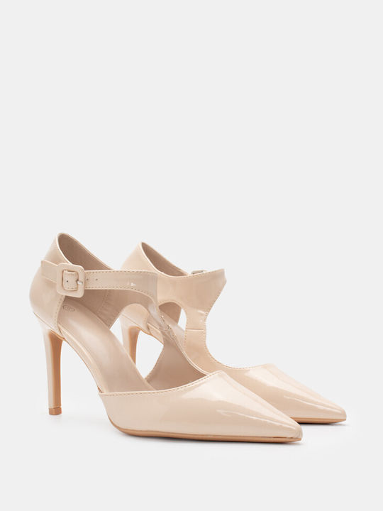 Luigi Pointed Toe Beige High Heels with Strap