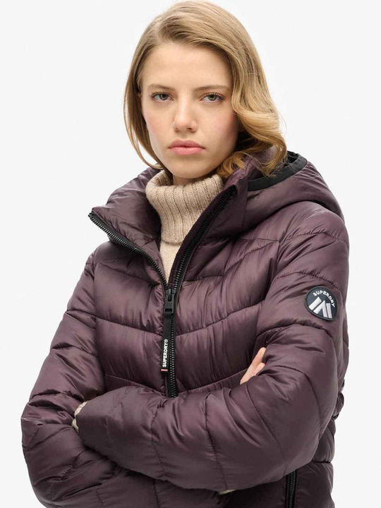 Fuji Women's Short Puffer Jacket for Winter with Hood Purple