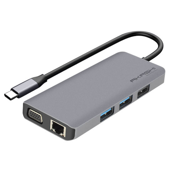 Akashi USB-C Докинг станция с HDMI 4K PD Етърнет и свързване 2 монитора Сив (ALTHUB9IN1TC)