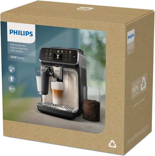 Philips Lattego Αυτόματη Μηχανή Espresso 1500W Πίεσης 15bar για Cappuccino με Μύλο Άλεσης Ασημί EP5546/70