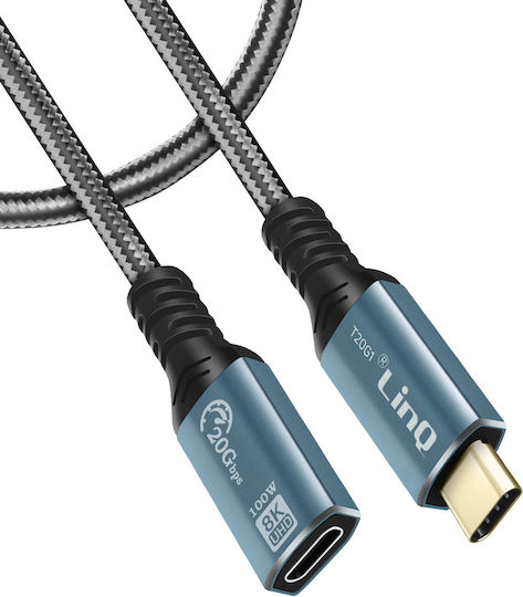 LinQ Braided USB 2.0 Cable USB-C male - USB-C female 100W PD Γκρι 1.2m T20G1