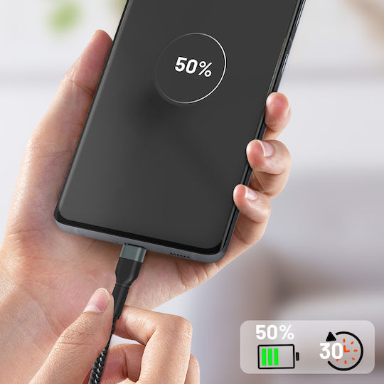 LinQ Плетен USB 2.0 Кабел USB-C Мъжки - USB-C 60W Захранване PD Черен 3м TPC-300