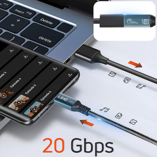 LinQ Braided USB 2.0 Cable USB-C Male - USB-C Female 100W PD Gray 2m T20G2